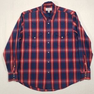 Ryan Michael Pearl Snap Shirt Men Medium Blue Red Plaid Western Yoke Cotton